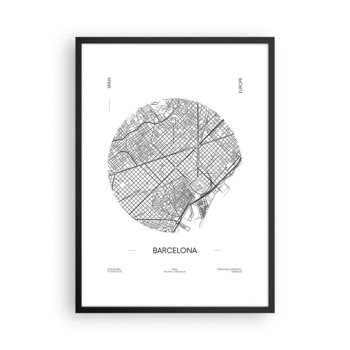 Plagát v čiernom ráme - Minimalistická mapa Barcelony v čiernobielej farbe. - 50x70cm - Anatómia Barcelony - Moderná nástenná dekorácia do obývacej izby a spálne ARTTOR