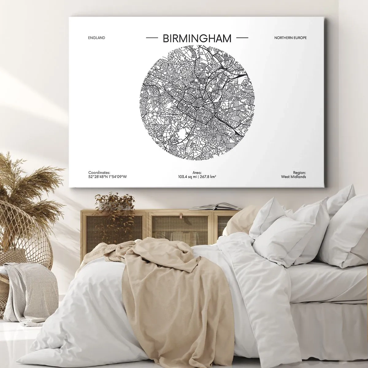 Obraz na plátne - Minimalistická čiernobiela mapa Birminghamu s presnými detailmi. - 70x50cm - Anatómia Birminghamu - Moderná nástenná dekorácia do obývacej izby a spálne ARTTOR
