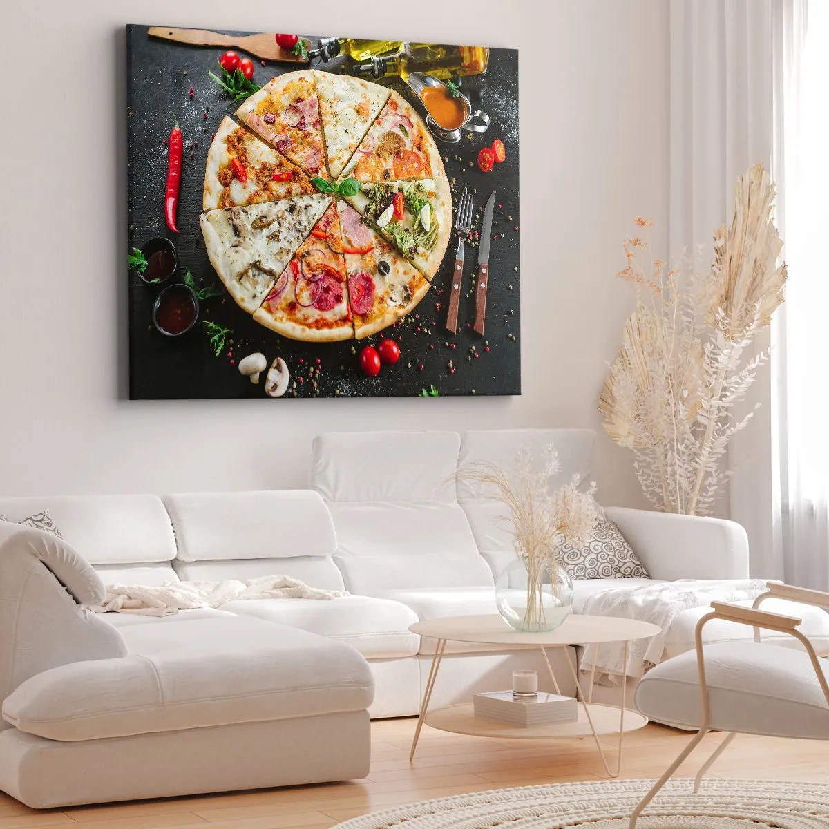 Obraz na plátne - Pizza s rôznymi príchuťami a polevami v pozadí - 70x50cm - Vejár chutí - Moderná nástenná dekorácia do obývacej izby a spálne ARTTOR