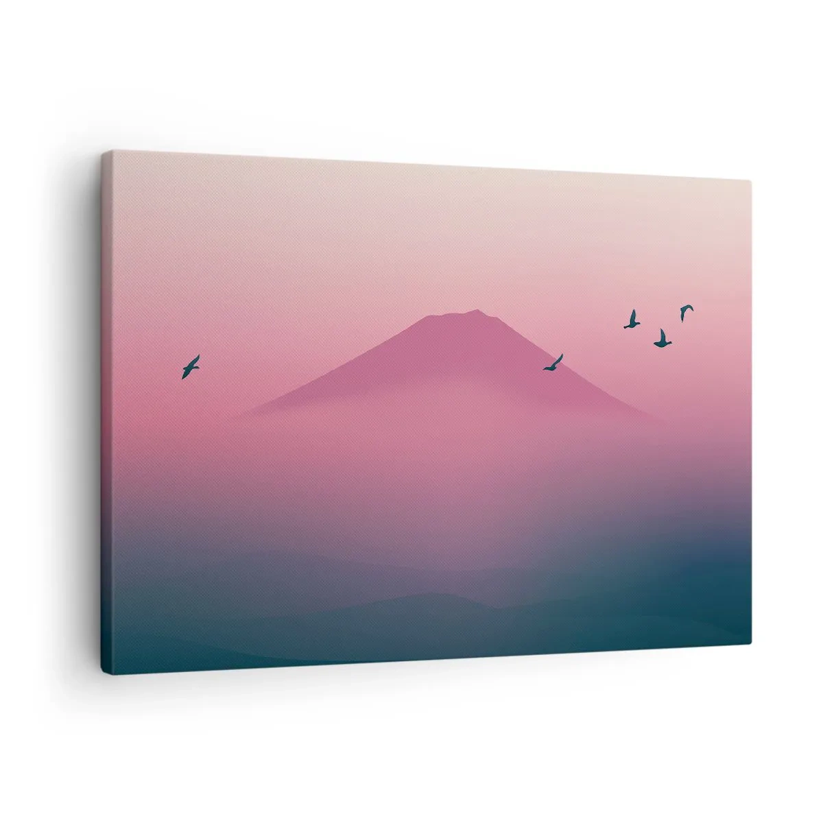 Obraz na plátne - Minimalistická krajina s horami a vtákmi pri východe slnka - 70x50cm - Pútnici nad oblakmi - Moderná nástenná dekorácia do obývacej izby a spálne ARTTOR