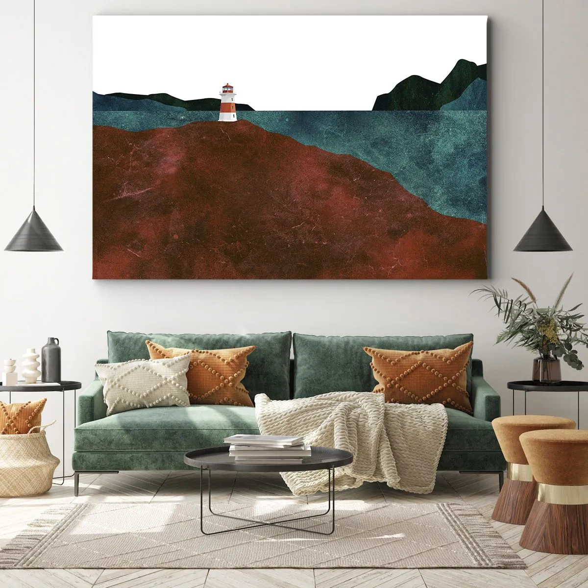 Obraz na plátne - Maják na pozadí hôr a mora - 70x50cm - Hľadiaca na more - Moderná nástenná dekorácia do obývacej izby a spálne ARTTOR