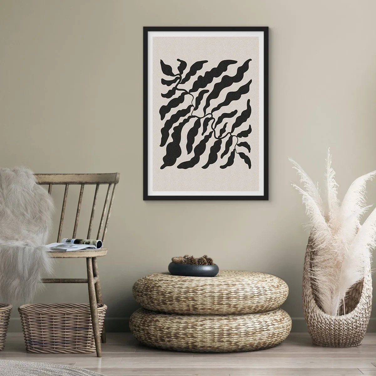Plagát v čiernom ráme - Abstraktná rastlinná kompozícia v čiernej farbe na béžovom pozadí - 50x70cm - Povaha štvorca - Moderná nástenná dekorácia do obývacej izby a spálne ARTTOR