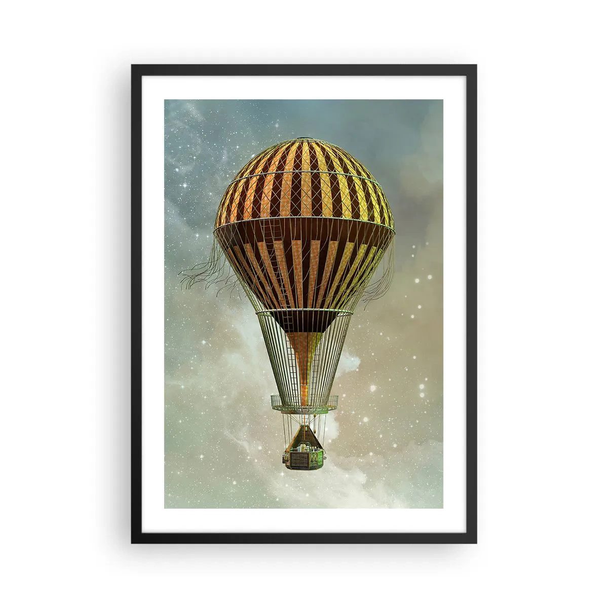 Plagát v čiernom ráme - Zlatý balón plávajúci vo vesmíre - 50x70cm - Priekopnícke lety - Moderná nástenná dekorácia do obývacej izby a spálne ARTTOR