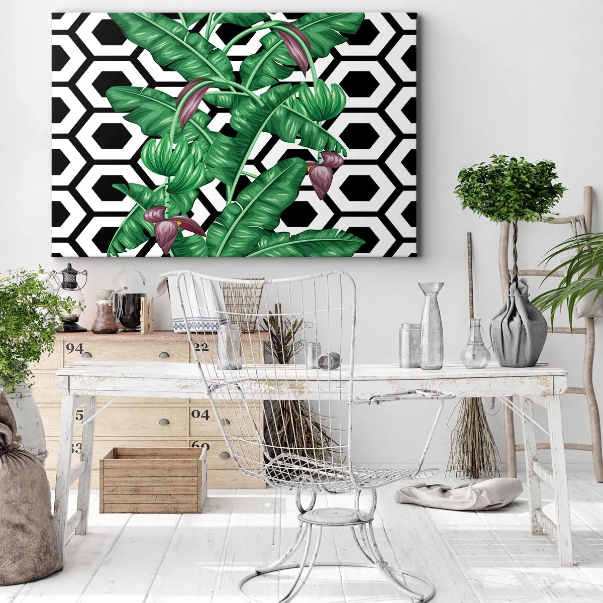 Obraz na plátne - Tropické listy na geometrickom pozadí - 70x50cm - Symetrická kompozícia od prírody - Moderná nástenná dekorácia do obývacej izby a spálne ARTTOR