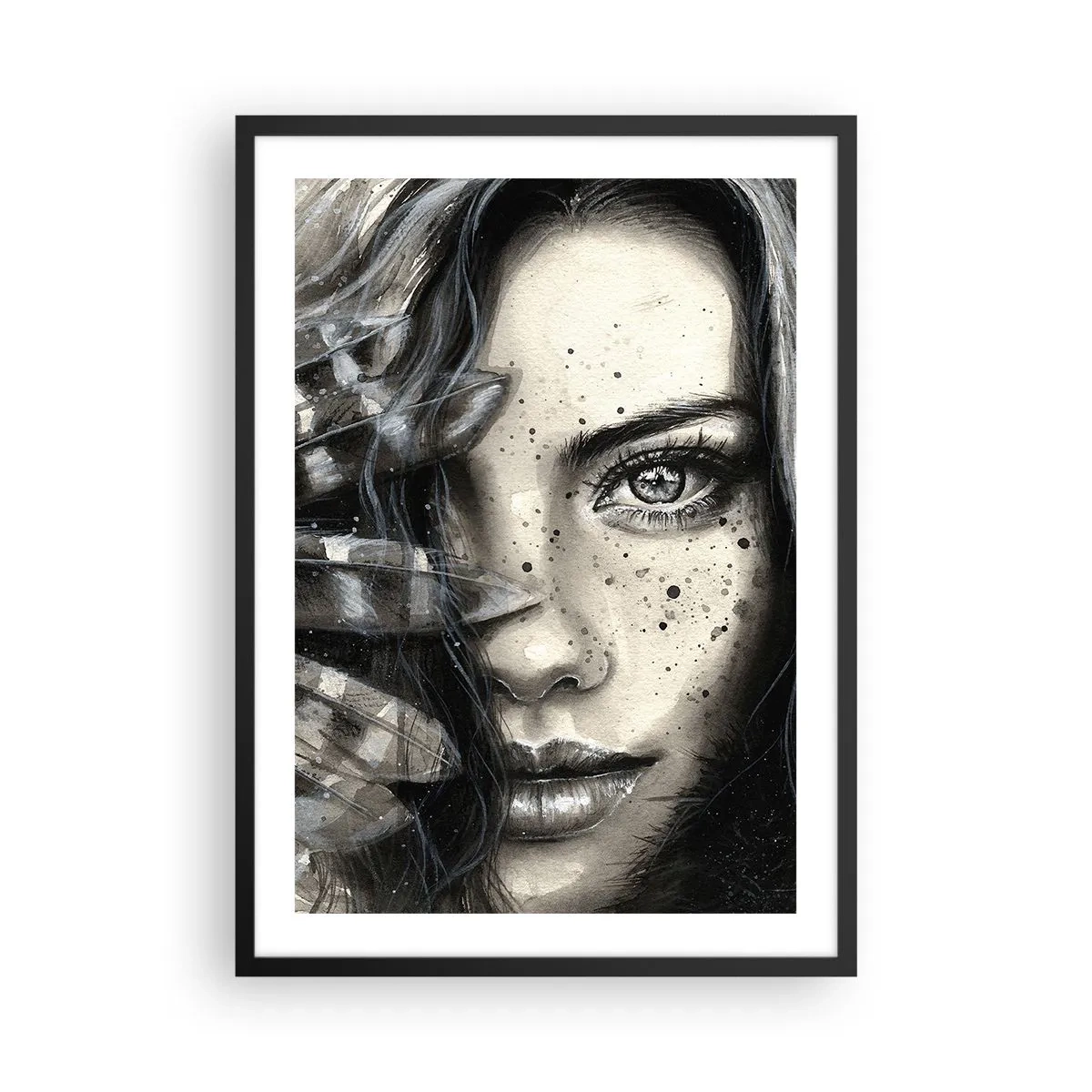 Plagát v čiernom ráme - Portrét ženy v monochromatickom štýle - 50x70cm - Divoká krása - Moderná nástenná dekorácia do obývacej izby a spálne ARTTOR
