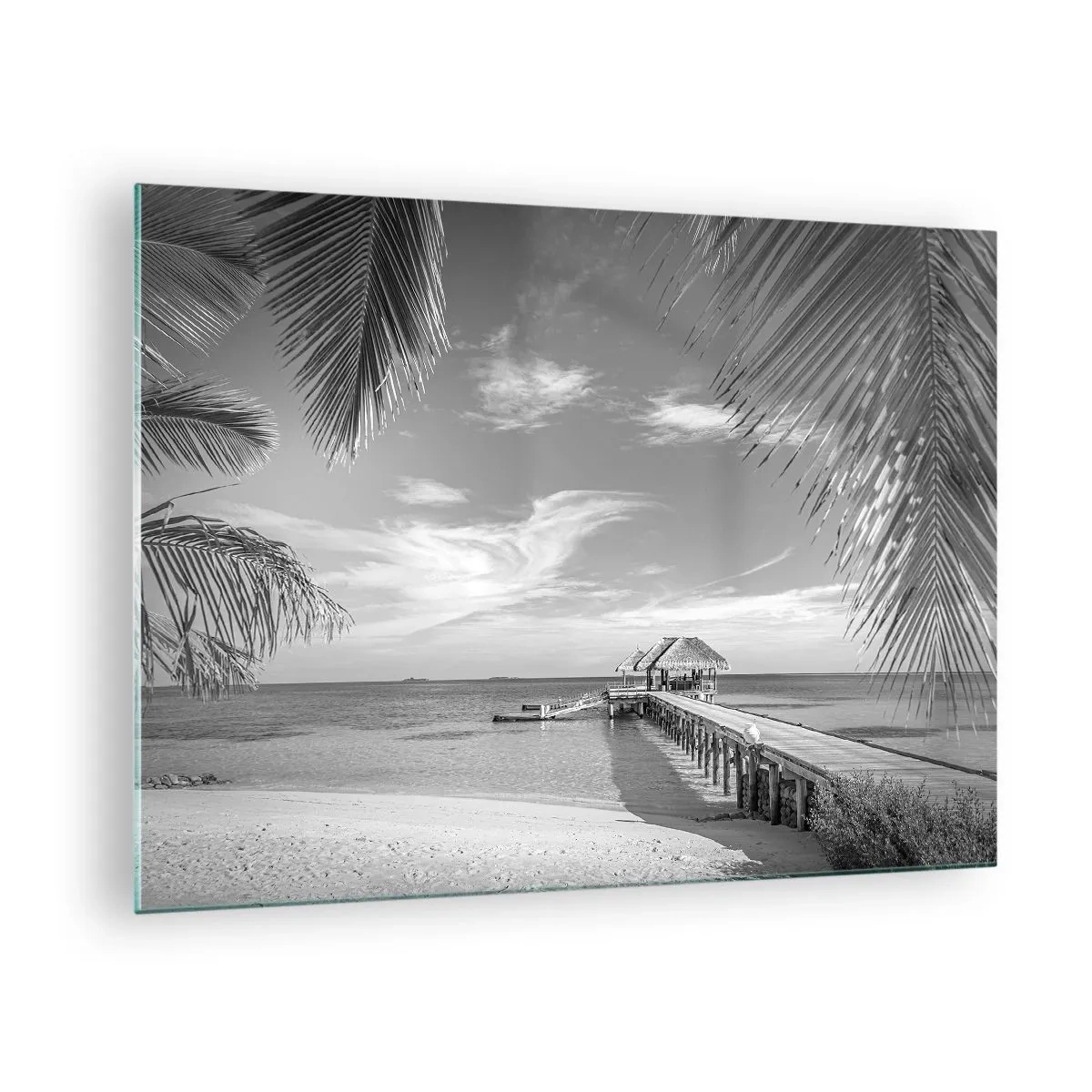 Obraz na skle - Čiernobiela snímka tropickej pláže s mólom - 70x50cm - Spomienka alebo sen? - Moderná nástenná dekorácia do obývacej izby a spálne ARTTOR