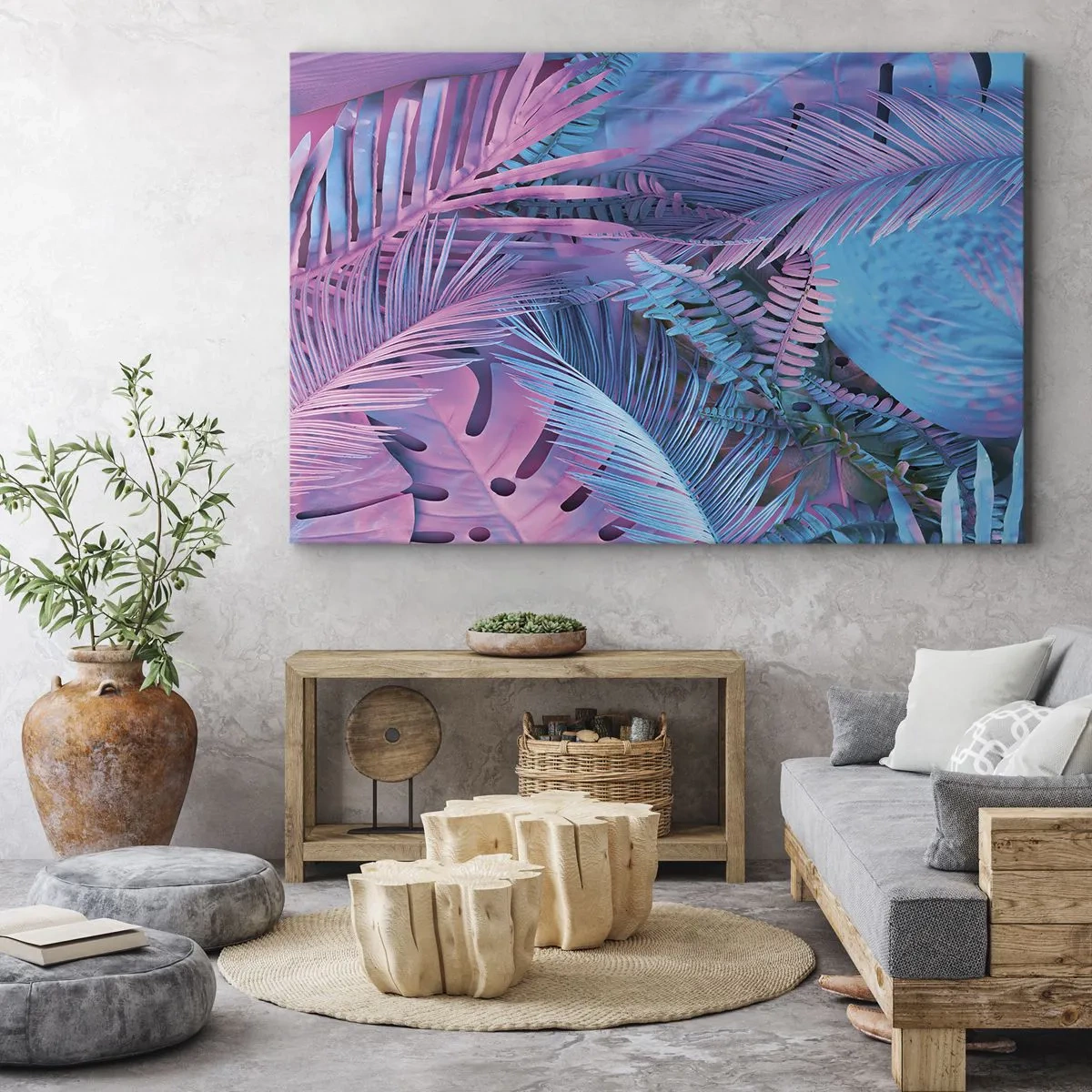 Obraz na plátne - Tropické listy v odtieňoch ružovej a modrej - 70x50cm - Tropy v ružovej a modrej - Moderná nástenná dekorácia do obývacej izby a spálne ARTTOR