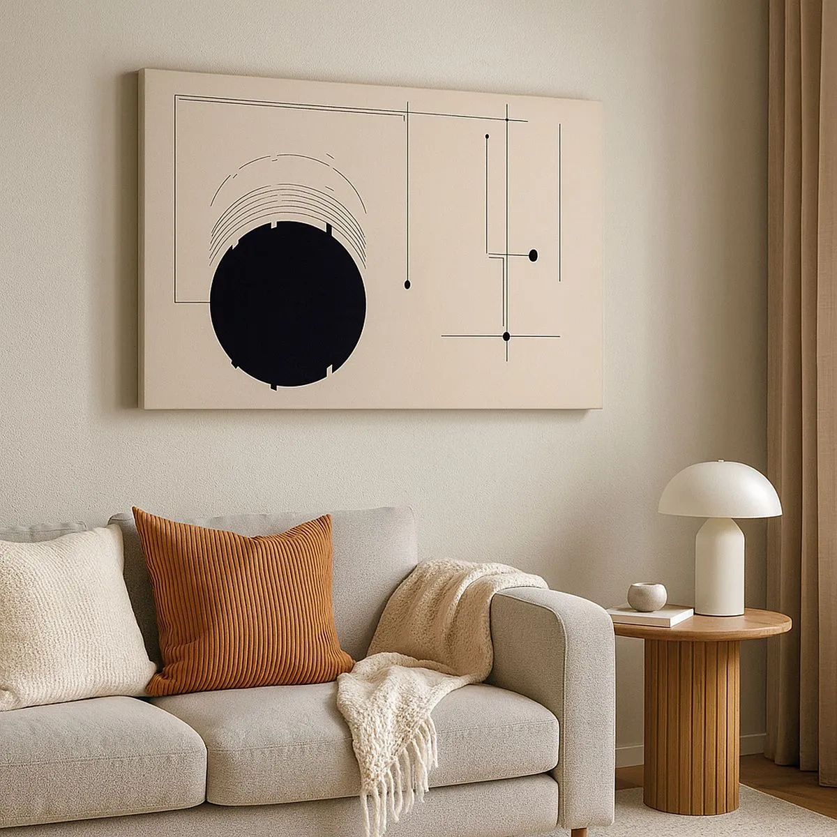 Obraz na plátne - Čierne geometrické čiary a kruh na béžovom pozadí - 70x50cm - Pružná a dynamická kompozícia - Moderná nástenná dekorácia do obývacej izby a spálne ARTTOR