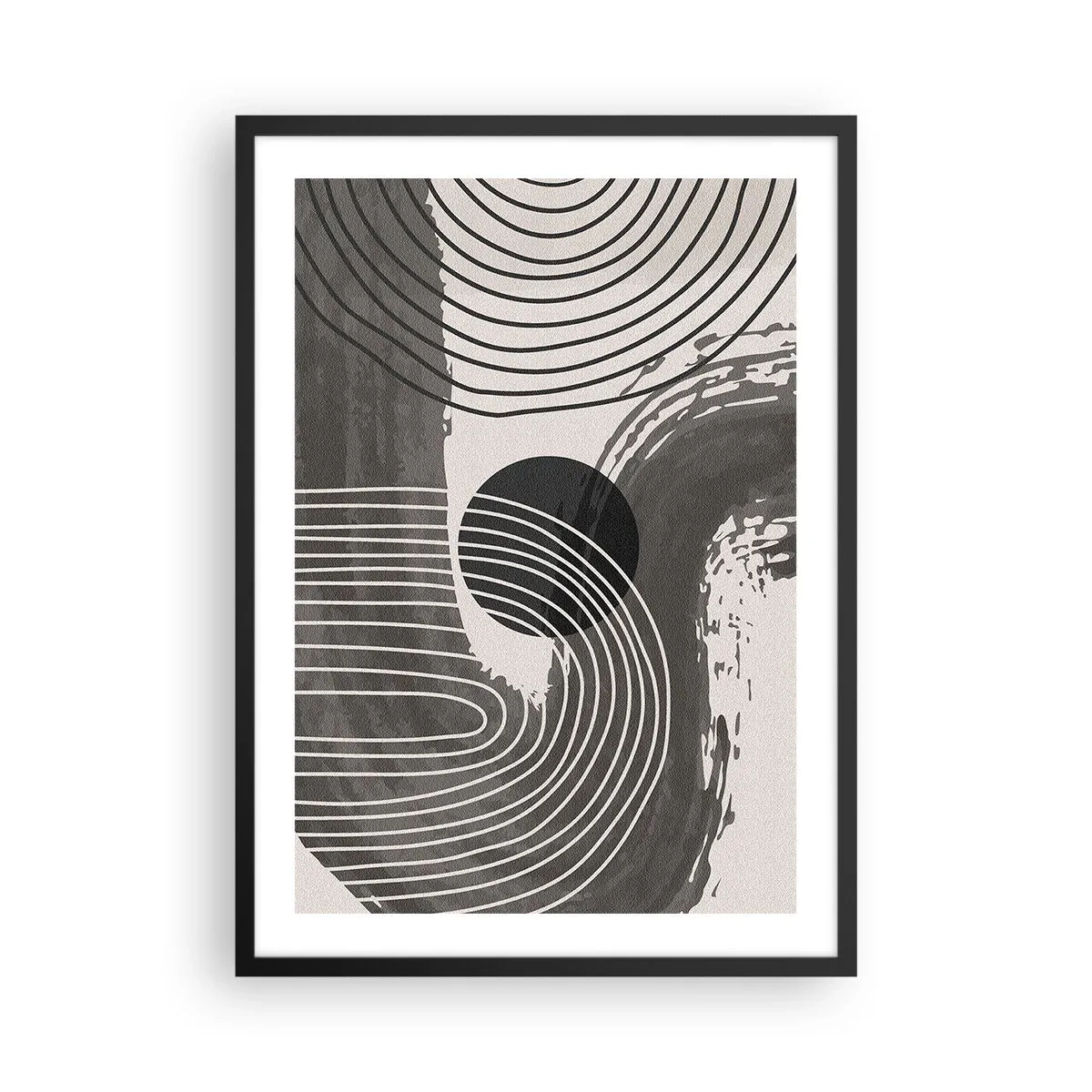 Plagát v čiernom ráme - Geometrická abstrakcia v odtieňoch sivej a čiernej - 50x70cm - Ovál víťazí - Moderná nástenná dekorácia do obývacej izby a spálne ARTTOR