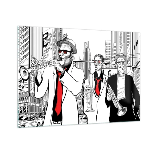 Obraz na skle - Mestská rapsódia v čiernej a červenej - 100x70 cm