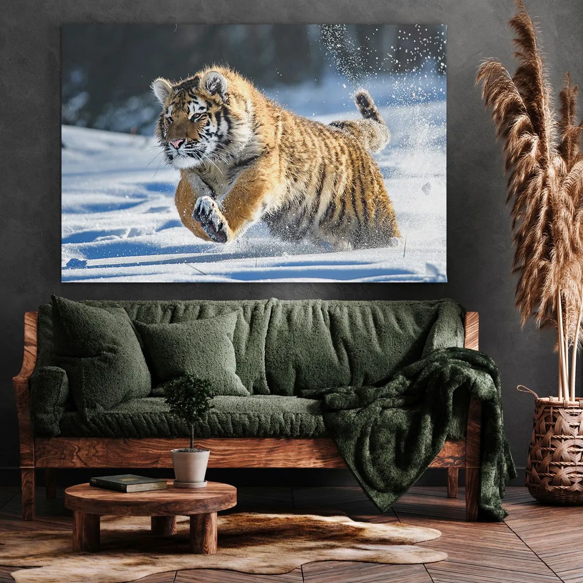 Obraz na plátne - Sibírsky tiger beží v zasneženej krajine - 70x50cm - Boh sibírskej tajgy - Moderná nástenná dekorácia do obývacej izby a spálne ARTTOR
