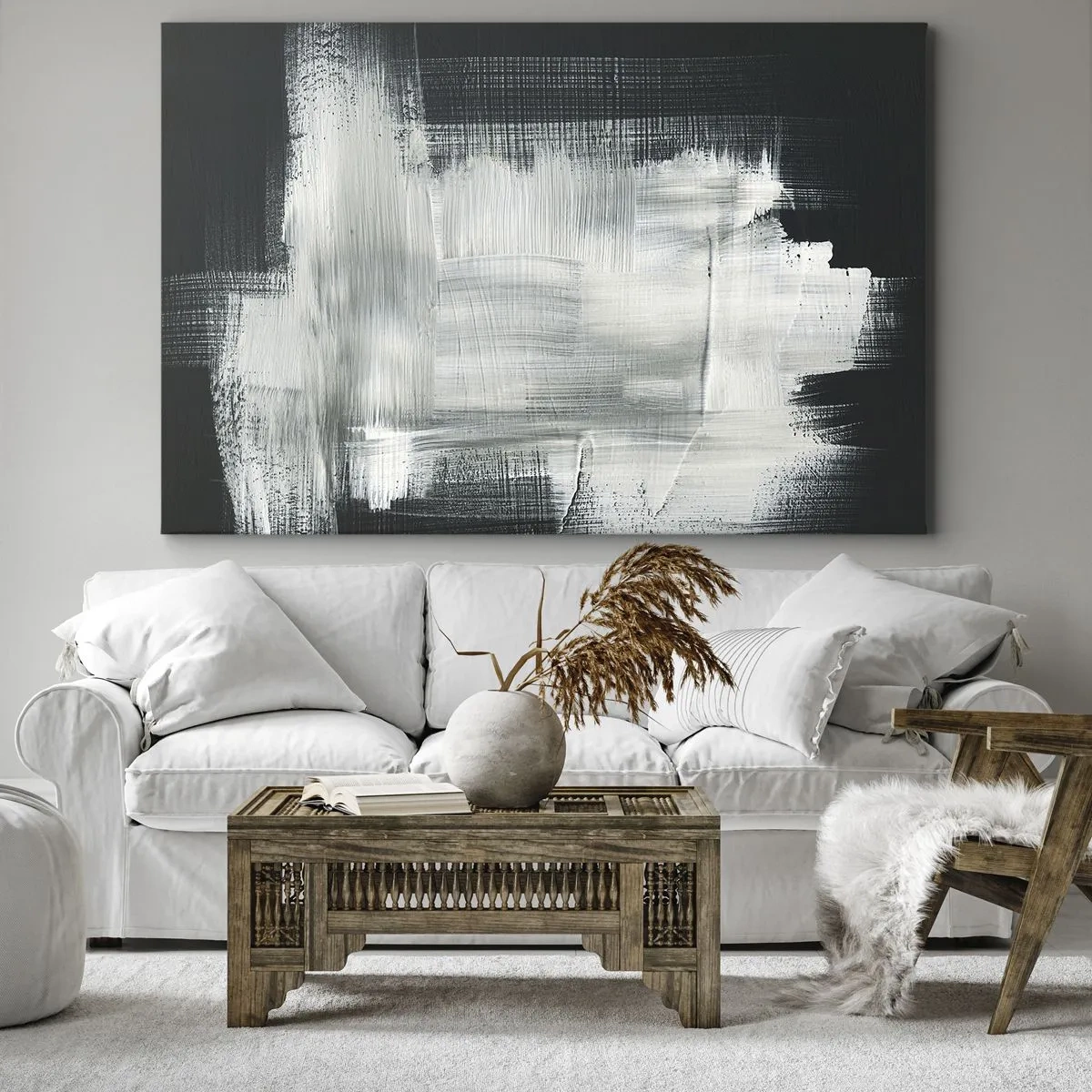 Obraz na plátne - Biele abstraktné ťahy na tmavom pozadí - 70x50cm - Utkané zvisle a vodorovne - Moderná nástenná dekorácia do obývacej izby a spálne ARTTOR