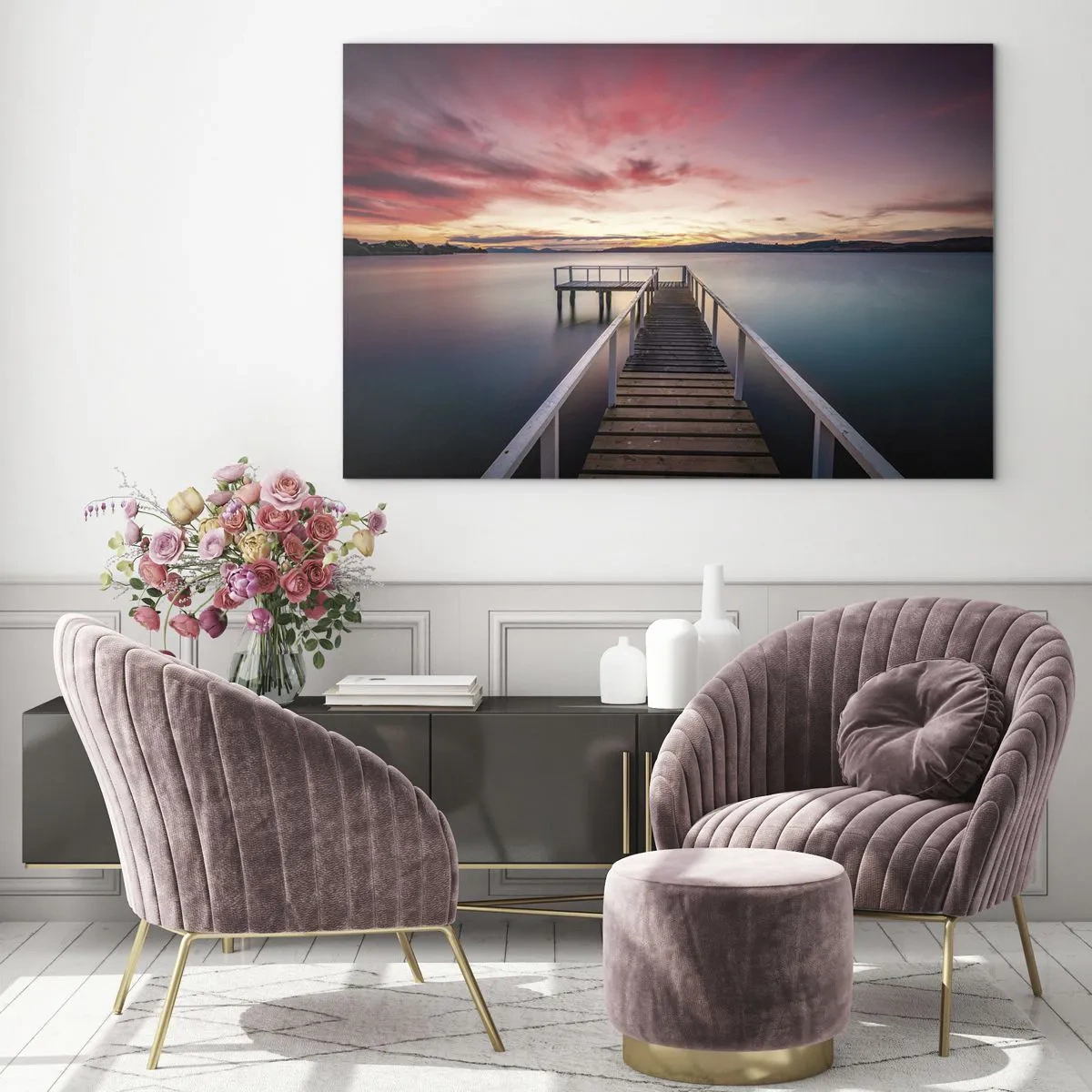Obraz na skle - Mólo pri jazere pri západe slnka s ružovou oblohou - 70x50cm - Jemný plameň večera - Moderná nástenná dekorácia do obývacej izby a spálne ARTTOR