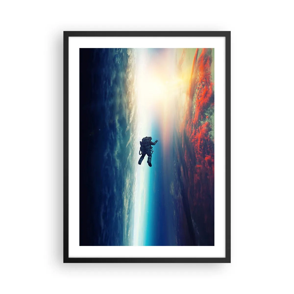 Plagát v čiernom ráme - Astronaut vo vesmíre so Zemou a Slnkom v pozadí - 50x70cm - Tvárou v tvár vesmíru - Moderná nástenná dekorácia do obývacej izby a spálne ARTTOR