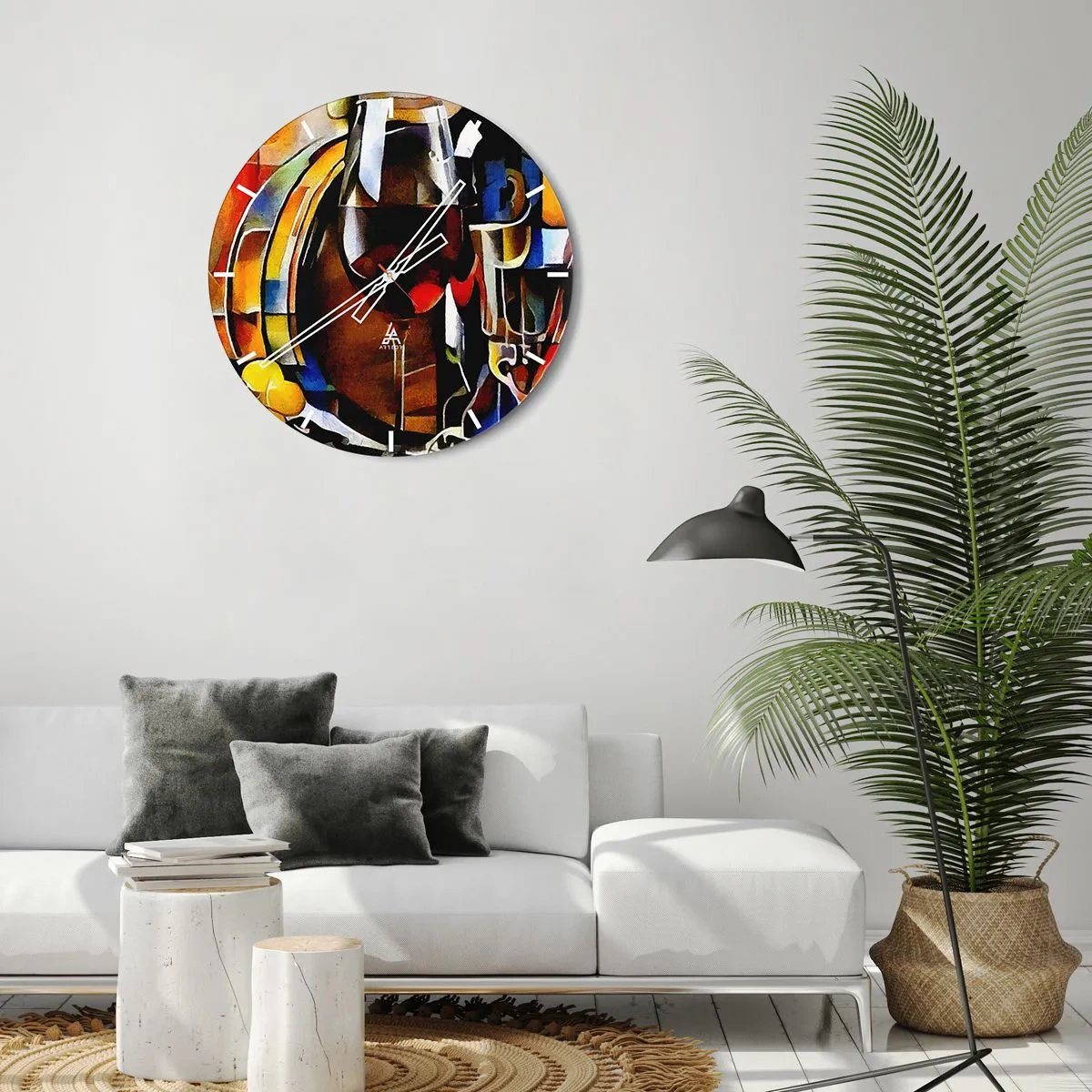 Nástenné hodiny - Abstraktné zátišie s okuliarmi a fľašou v intenzívnych farbách. - 30x30cm - Aj svet dostáva farby - Moderná nástenná dekorácia do obývacej izby, kuchyne a spálne ARTTOR