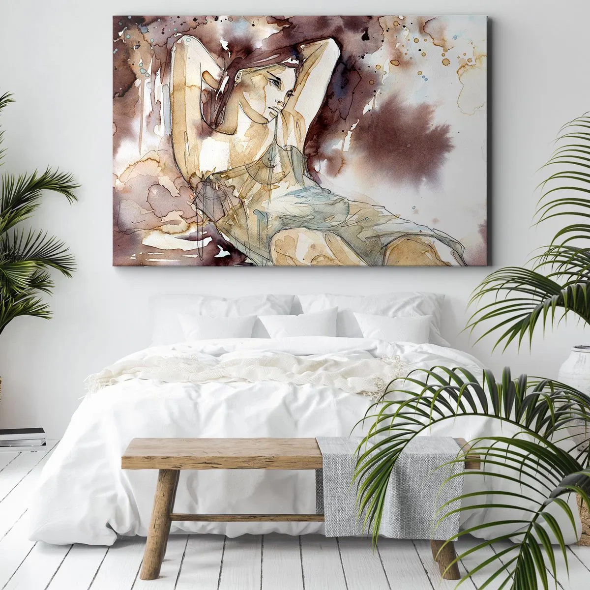 Obraz na plátne - Žena v umeleckom akvarelovom štýle s hnedým pozadím - 70x50cm - Fialová nálada - Moderná nástenná dekorácia do obývacej izby a spálne ARTTOR