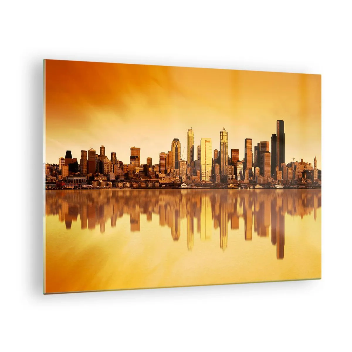 Obraz na skle - Panoráma mesta v zlatom svetle západu slnka - 70x50cm - Ticho metropoly - Moderná nástenná dekorácia do obývacej izby a spálne ARTTOR