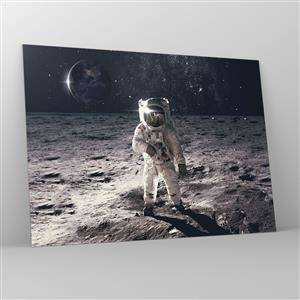 Obraz na skle - Astronaut na povrchu Mesiaca so Zemou v pozadí - 70x50cm - Pozdrav z Mesiaca - Moderná nástenná dekorácia do obývacej izby a spálne ARTTOR