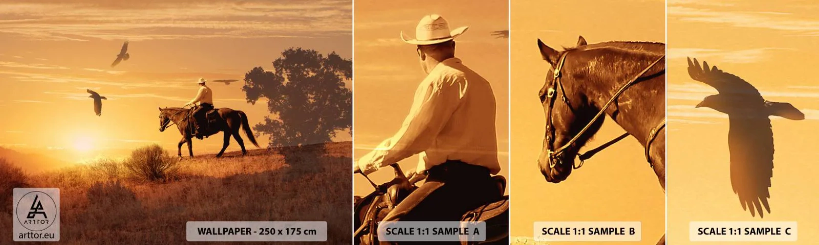 Vzorka samolepiacej fototapety Deluxe Sticker - Sám cez prériu - Kôň, Kovboj, Krajina - 100x30 cm