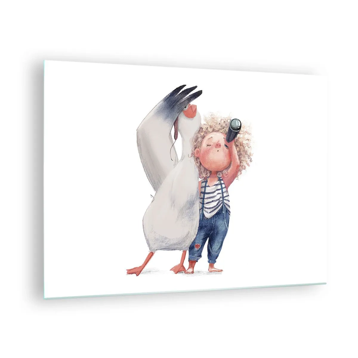 Obraz na skle - Dieťa s ďalekohľadom a bocian v zábavnom ilustračnom štýle - 70x50cm - Plán na skvelú cestu - Moderná nástenná dekorácia do obývacej izby a spálne ARTTOR