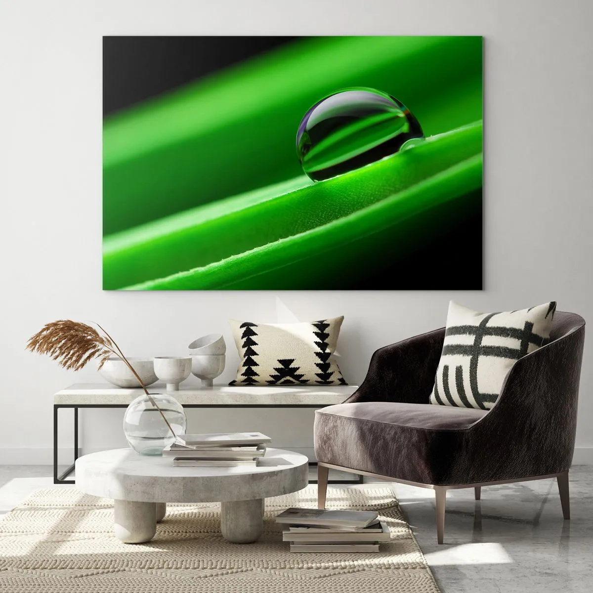 Obraz na skle - Kvapka rosy na zelenom liste - 70x50cm - Život zblízka - Moderná nástenná dekorácia do obývacej izby a spálne ARTTOR