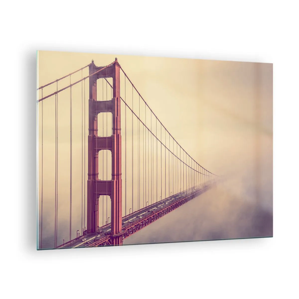 Obraz na skle - Most Golden Gate v San Franciscu v hmlistej krajine - 70x50cm - Medzi nebom a zemou - Moderná nástenná dekorácia do obývacej izby a spálne ARTTOR
