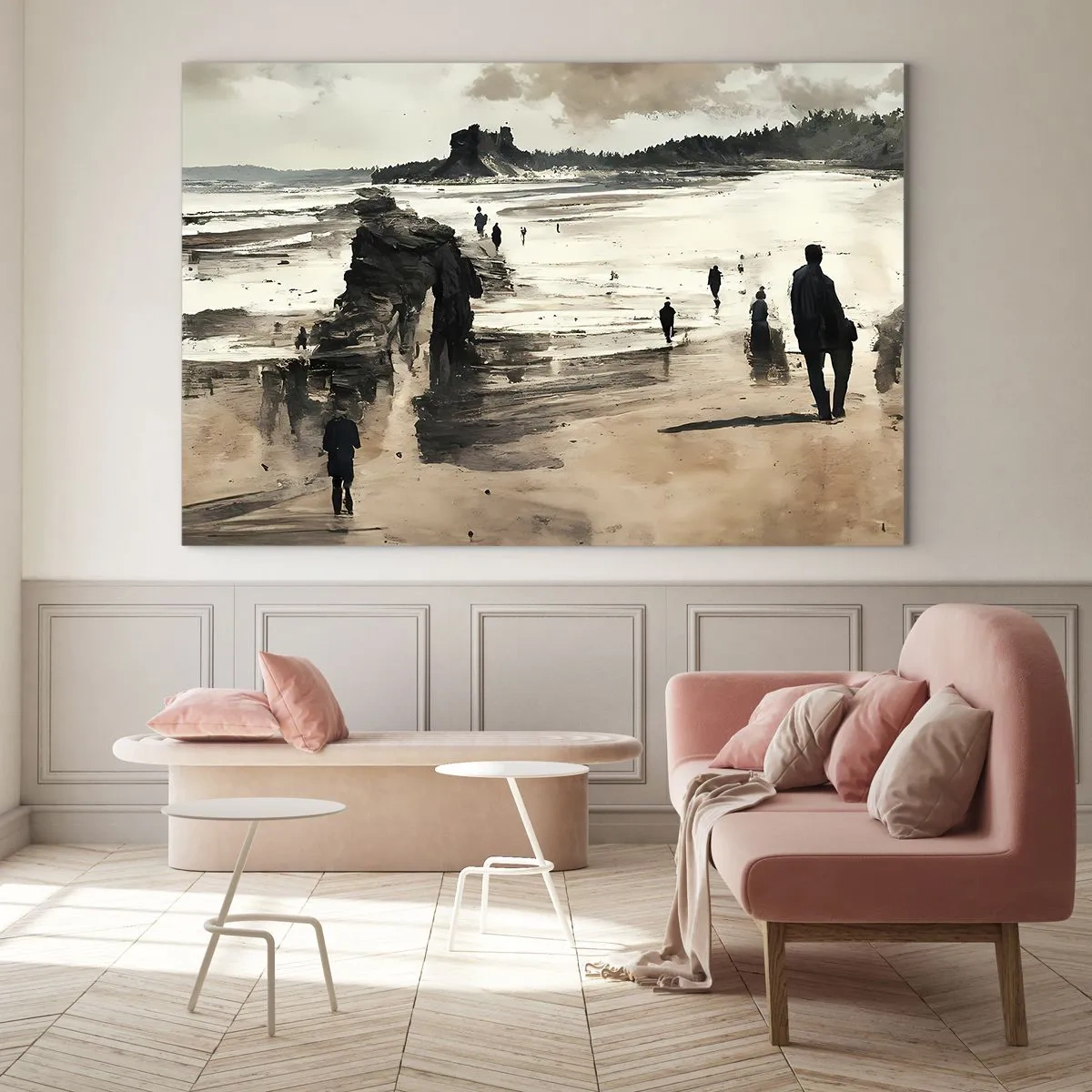 Obraz na skle - Siluety kráčajúce po širokej pláži pod zamračenou oblohou - 70x50cm - Vyvolaní - Moderná nástenná dekorácia do obývacej izby a spálne ARTTOR