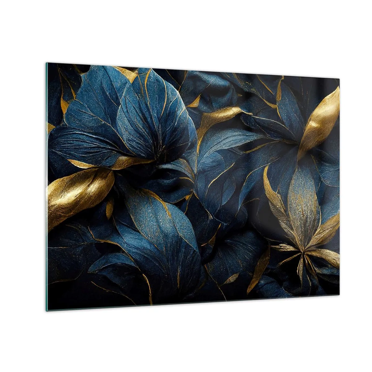 Obraz na skle - Tmavomodré listy s jemnými zlatými akcentmi - 70x50cm - Podšívané zlatom - Moderná nástenná dekorácia do obývacej izby a spálne ARTTOR