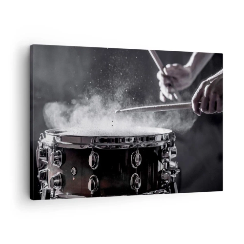 Obraz na plátne - Údery paličkami do malého bubna s efektom prachu - 70x50cm - Pulz hudby - Moderná nástenná dekorácia do obývacej izby a spálne ARTTOR