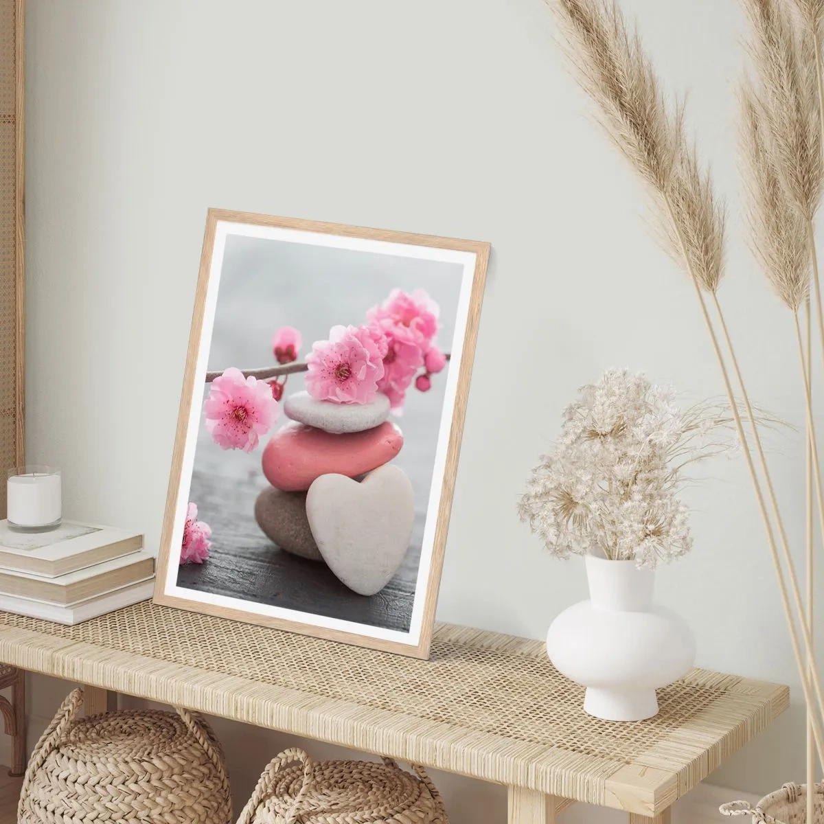 Plagát v ráme zo svetlého duba - Blaženosť s višňovým kvetom - 70x100 cm