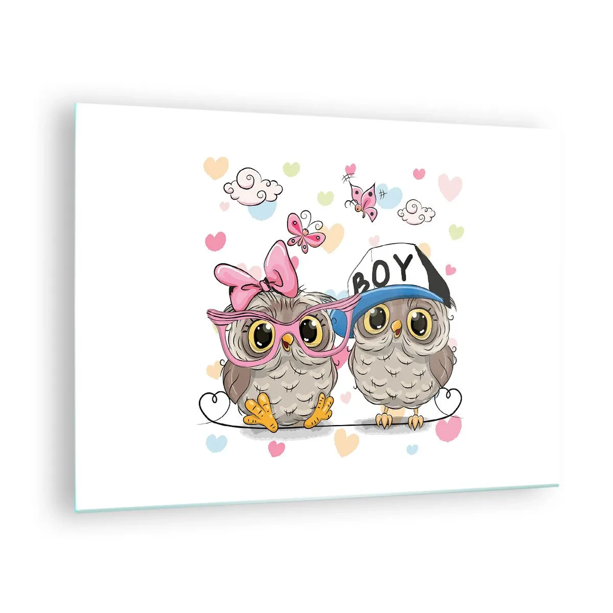 Obraz na skle - Dvojica veselých sov v pastelovej kompozícii - 70x50cm - Milujme sa! - Moderná nástenná dekorácia do obývacej izby a spálne ARTTOR