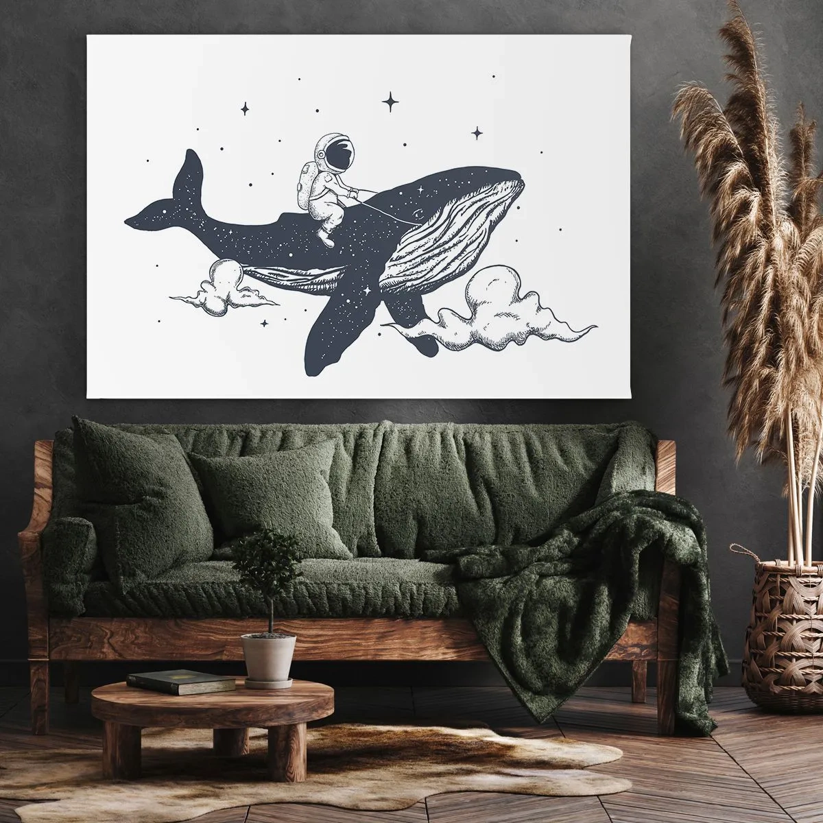 Obraz na plátne - Astronaut na veľrybe plávajúcej vo vesmíre - 70x50cm - Vesmírne dobrodružstvo - Moderná nástenná dekorácia do obývacej izby a spálne ARTTOR