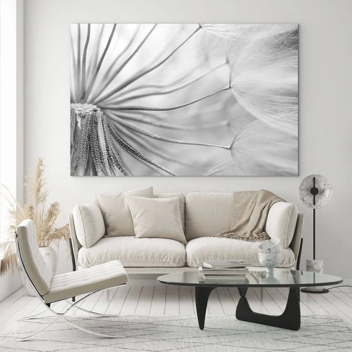Obraz na skle - Makrofotografia púpavy v odtieňoch čiernej a bielej - 70x50cm - Púpavy - Moderná nástenná dekorácia do obývacej izby a spálne ARTTOR