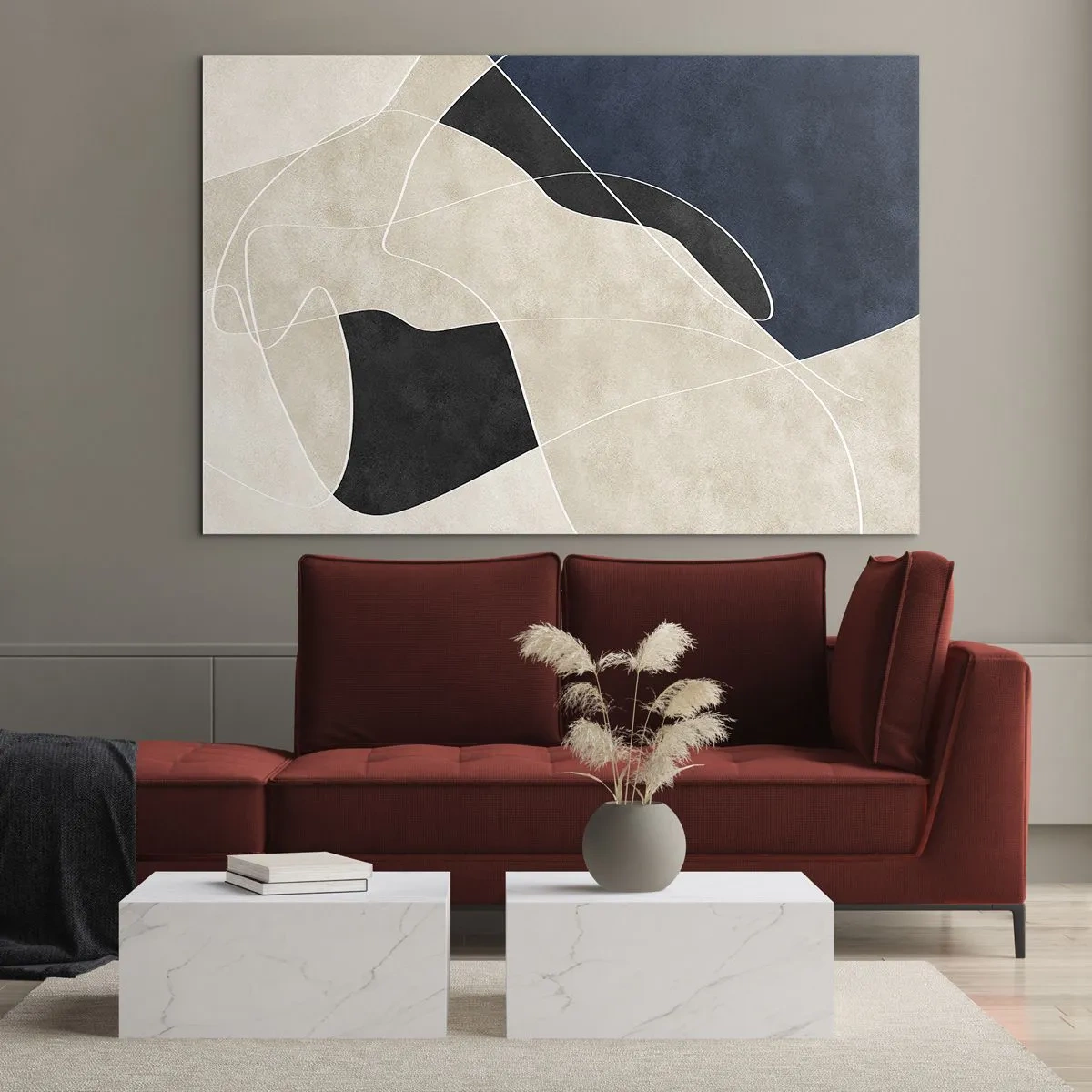 Obraz na skle - Moderná abstrakcia s kontrastnými formami a líniami - 70x50cm - Abstraktná kompozícia – kontrast farieb - Moderná nástenná dekorácia do obývacej izby a spálne ARTTOR