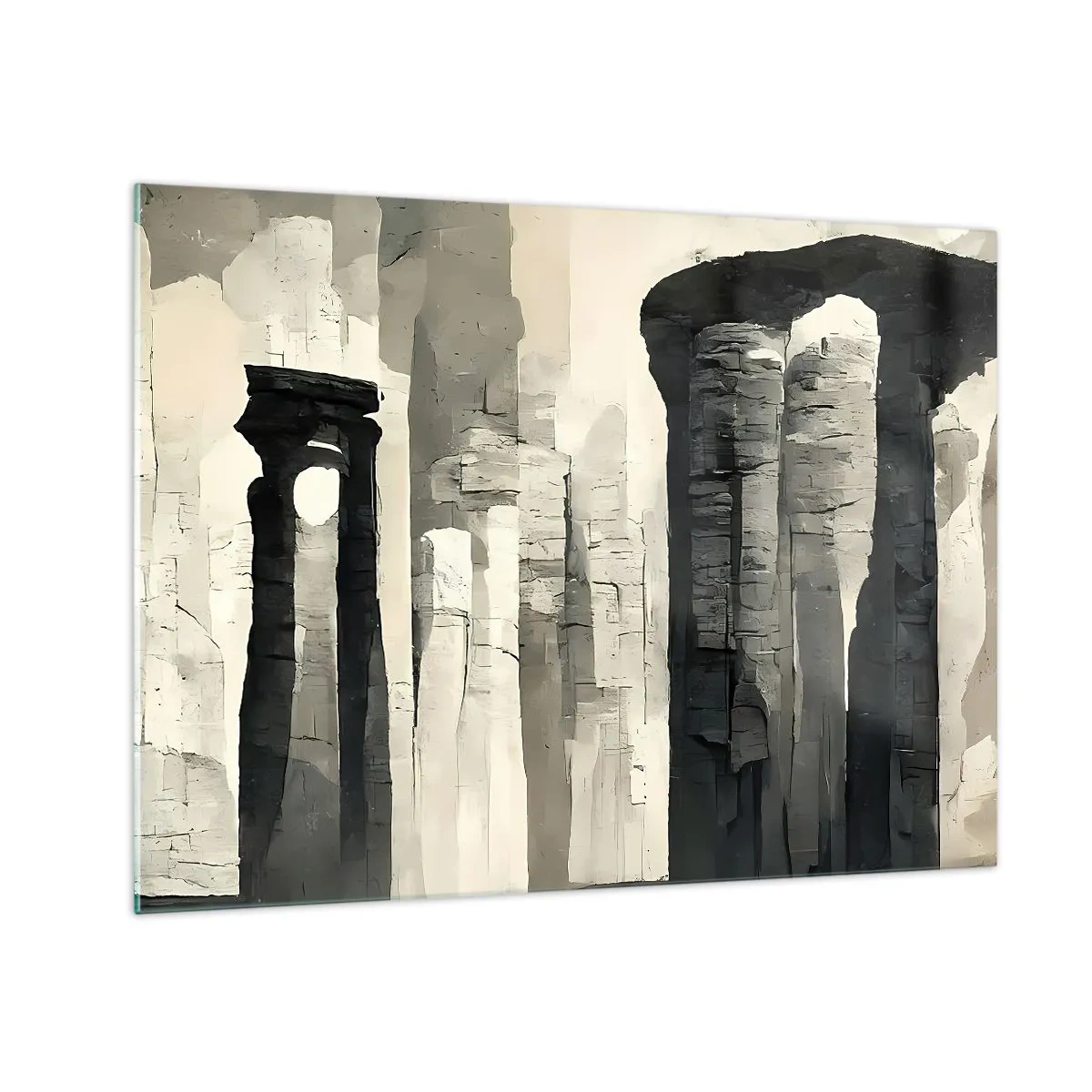 Obraz na skle - Kamenné stĺpy v antickom štýle v neutrálnej farebnej palete - 70x50cm - Majestátnosť starožitnosti - Moderná nástenná dekorácia do obývacej izby a spálne ARTTOR