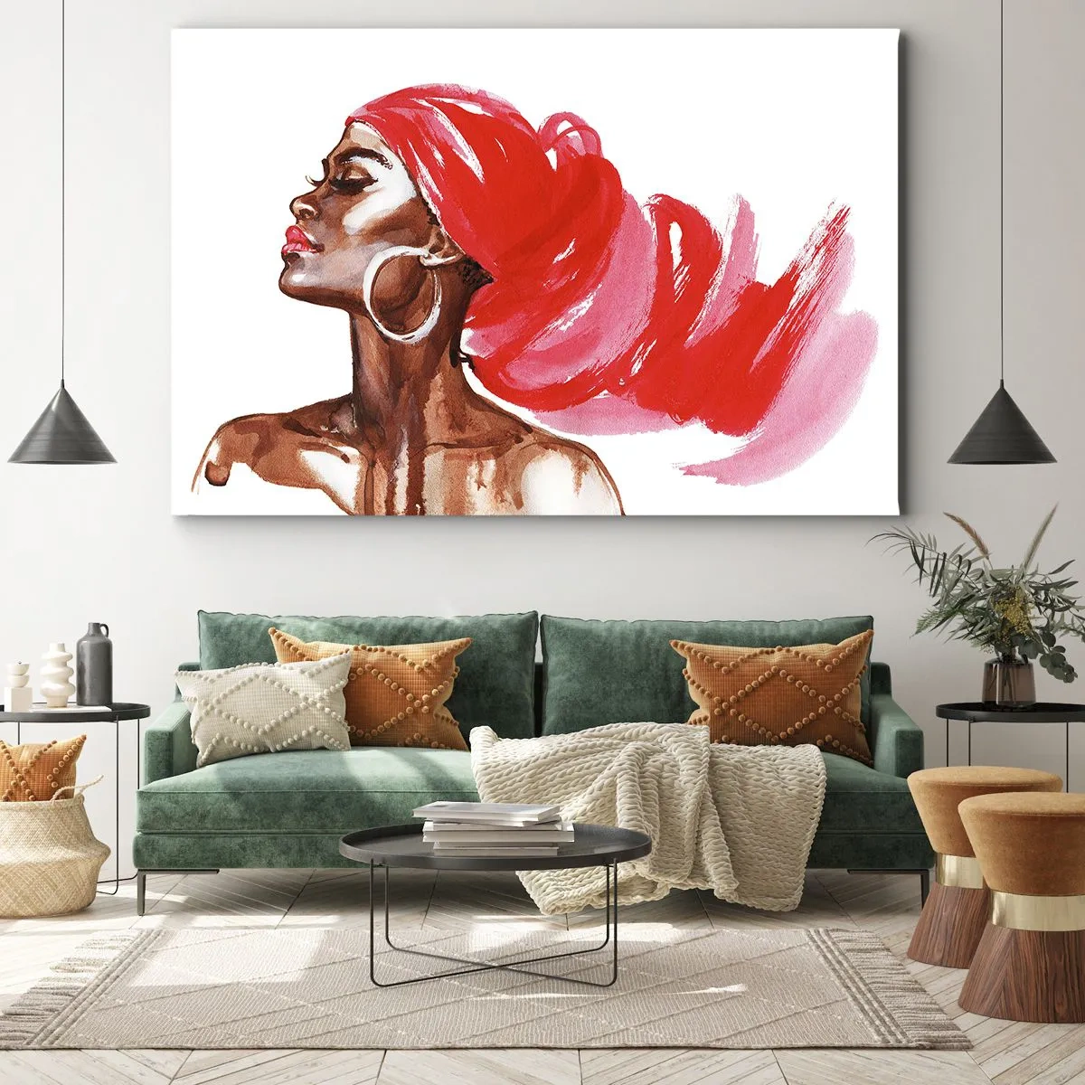 Obraz na plátne - Profil ženy s červeným turbanom a náušnicami - 70x50cm - „Existuje vietor, ktorý rozťahuje mužské nozdry“ - Moderná nástenná dekorácia do obývacej izby a spálne ARTTOR