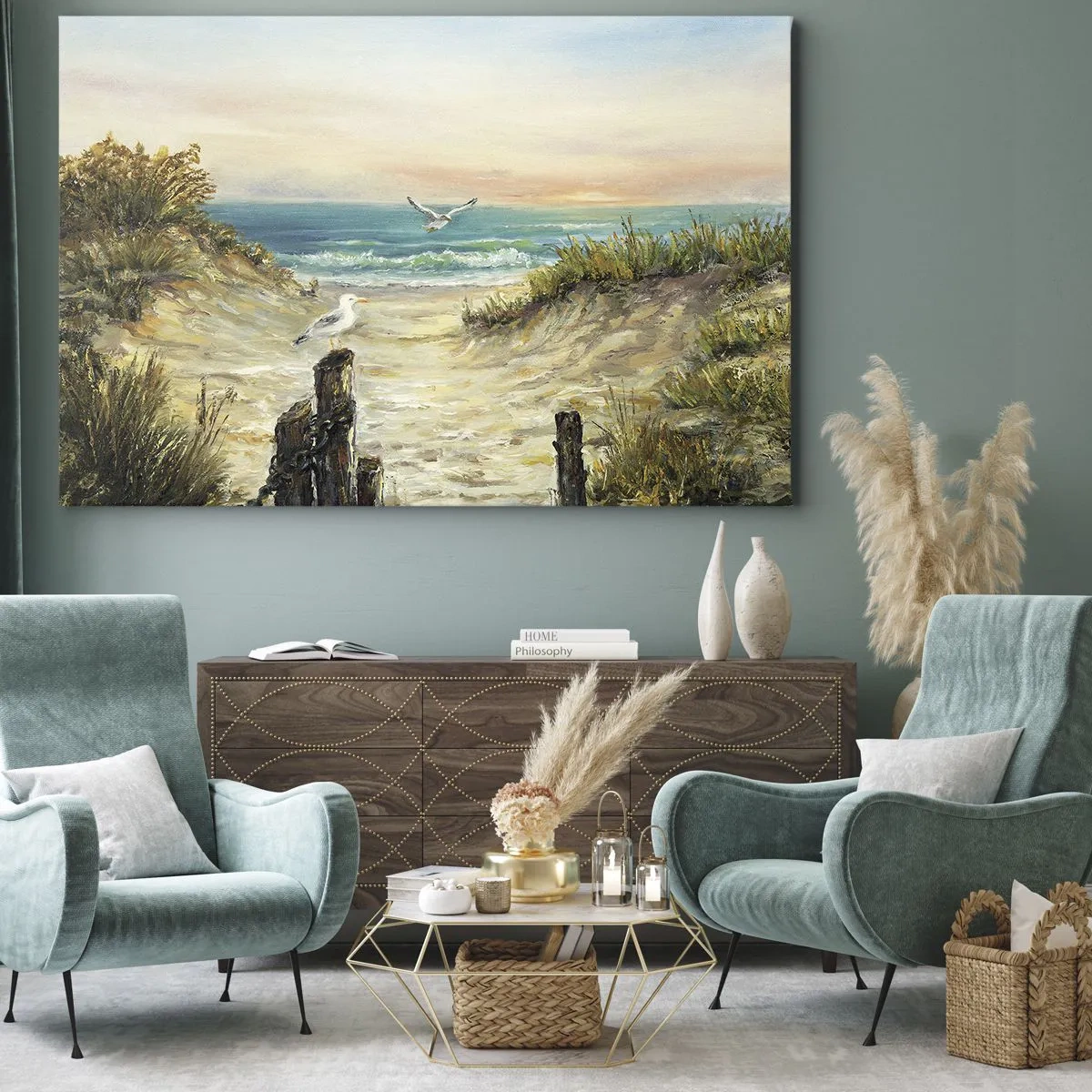 Obraz na plátne - Pobrežie s čajkami a dunami pri západe slnka - 70x50cm - Bezvetrie a samota - Moderná nástenná dekorácia do obývacej izby a spálne ARTTOR