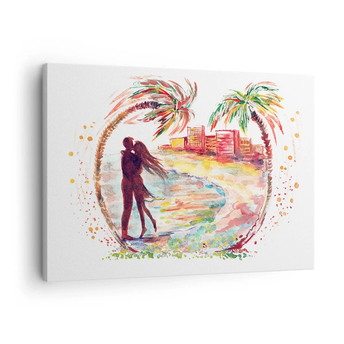 Obraz na plátne - Romantická scéna páru na pláži s palmami v akvareloch - 70x50cm - Romantické prázdniny - Moderná nástenná dekorácia do obývacej izby a spálne ARTTOR