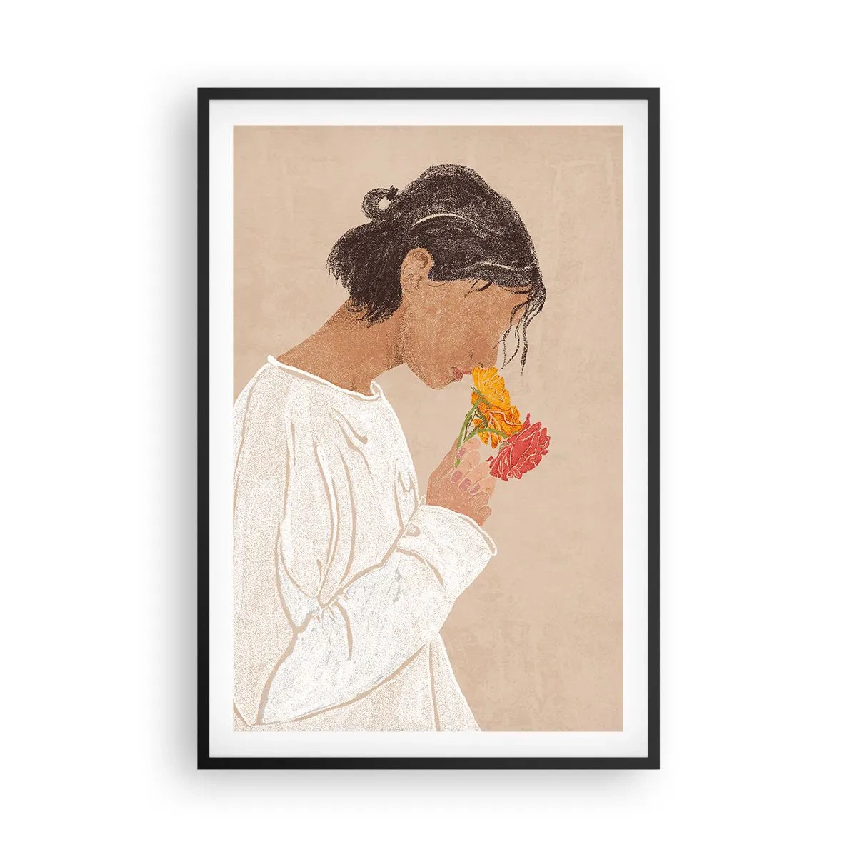 Plagát v čiernom ráme - Dievča a kvety - 61x91 cm