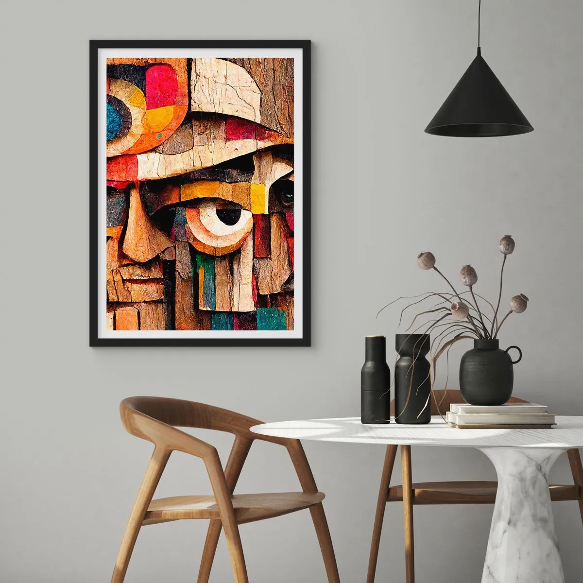 Plagát v čiernom ráme - Abstraktná tvár vyrobená z farebných drevených blokov. - 50x70cm - Vidím ťa… - Moderná nástenná dekorácia do obývacej izby a spálne ARTTOR