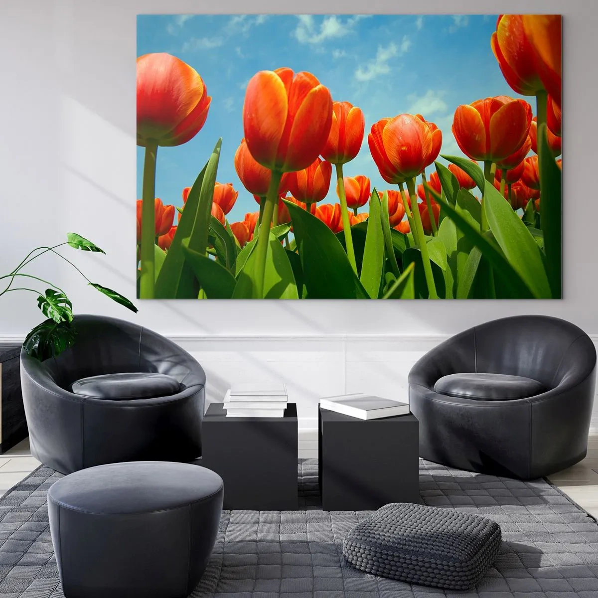 Obraz na skle - Pole červených tulipánov pod modrou oblohou - 70x50cm - Okrem blankytného neba nič v živote nepotrebujú - Moderná nástenná dekorácia do obývacej izby a spálne ARTTOR