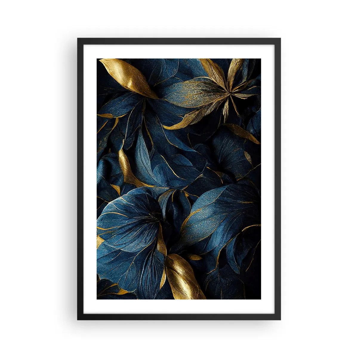 Plagát v čiernom ráme - Zlaté listy na tmavo modrom pozadí - 50x70cm - Podšívané zlatom - Moderná nástenná dekorácia do obývacej izby a spálne ARTTOR