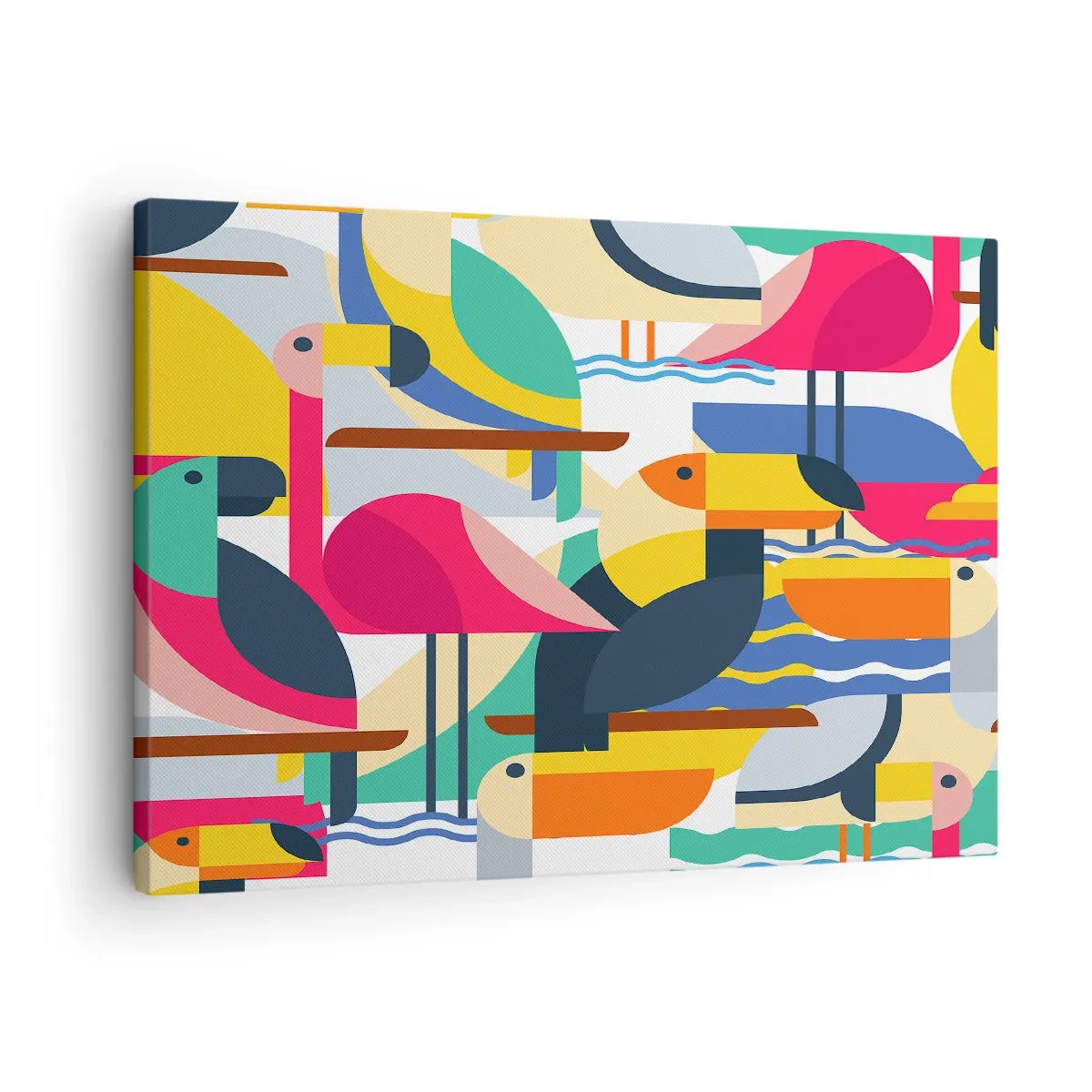 Obraz na plátne - Farebné vtáky v abstraktnej geometrickej kompozícii - 70x50cm - Vtáčia párty - Moderná nástenná dekorácia do obývacej izby a spálne ARTTOR