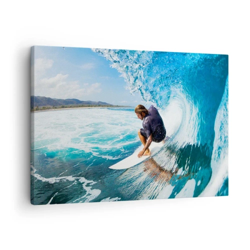 Obraz na plátne - Surfer v dynamickej póze na vlne v tyrkysovej vode. - 70x50cm - Tancujúci s vlnami - Moderná nástenná dekorácia do obývacej izby a spálne ARTTOR