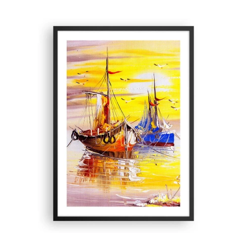 Plagát v čiernom ráme - Farebné plachetnice pri západe slnka - 50x70cm - Zaslúžený odpočinok v prístave - Moderná nástenná dekorácia do obývacej izby a spálne ARTTOR