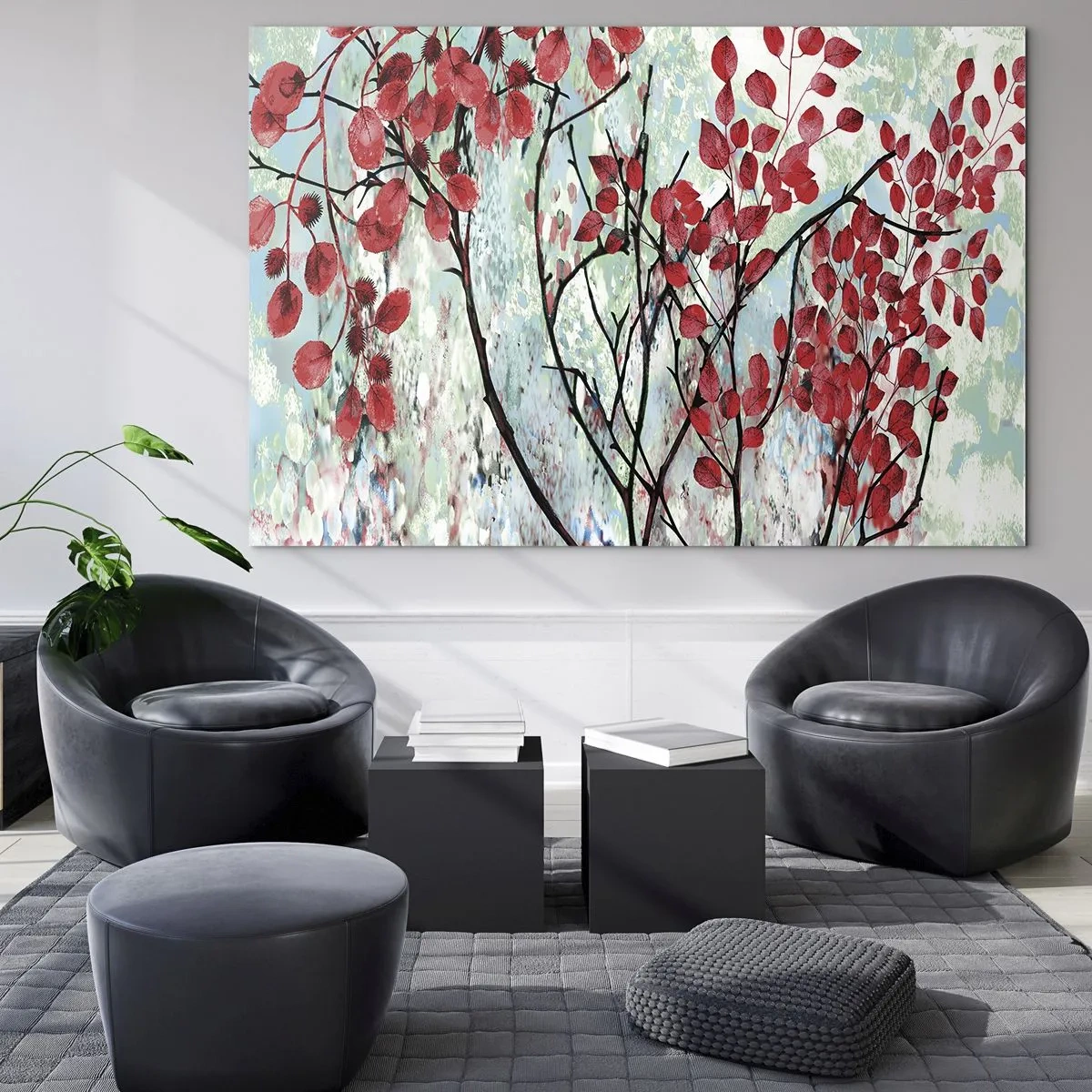 Obraz na skle - Konáre s červenými listami na maľovanom pozadí - 70x50cm - Strom v šarlátovej - Moderná nástenná dekorácia do obývacej izby a spálne ARTTOR
