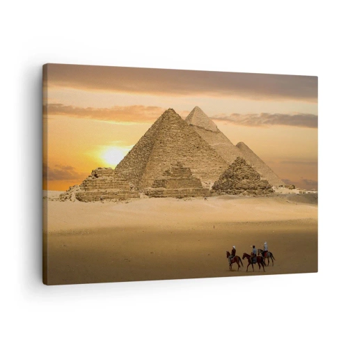 Obraz na plátne - Pyramídy v Egypte pri západe slnka s jazdcami na koňoch - 70x50cm - Bez zmien po tisíce rokov - Moderná nástenná dekorácia do obývacej izby a spálne ARTTOR