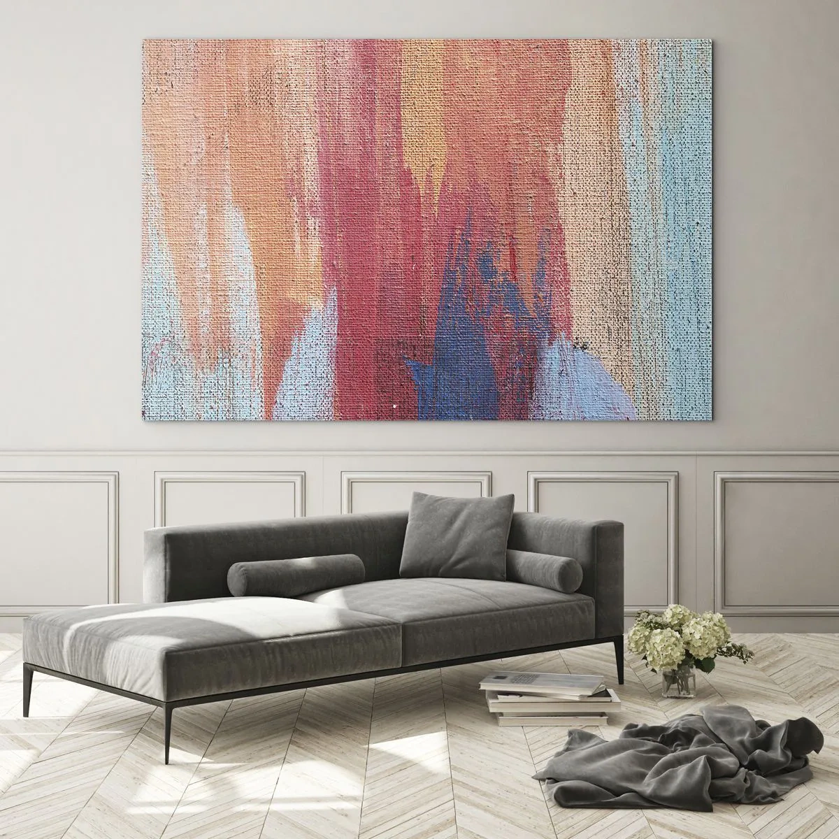 Obraz na skle - Farebné pruhy farby na štruktúre plátna - 70x50cm - Stekať dúhou - Moderná nástenná dekorácia do obývacej izby a spálne ARTTOR