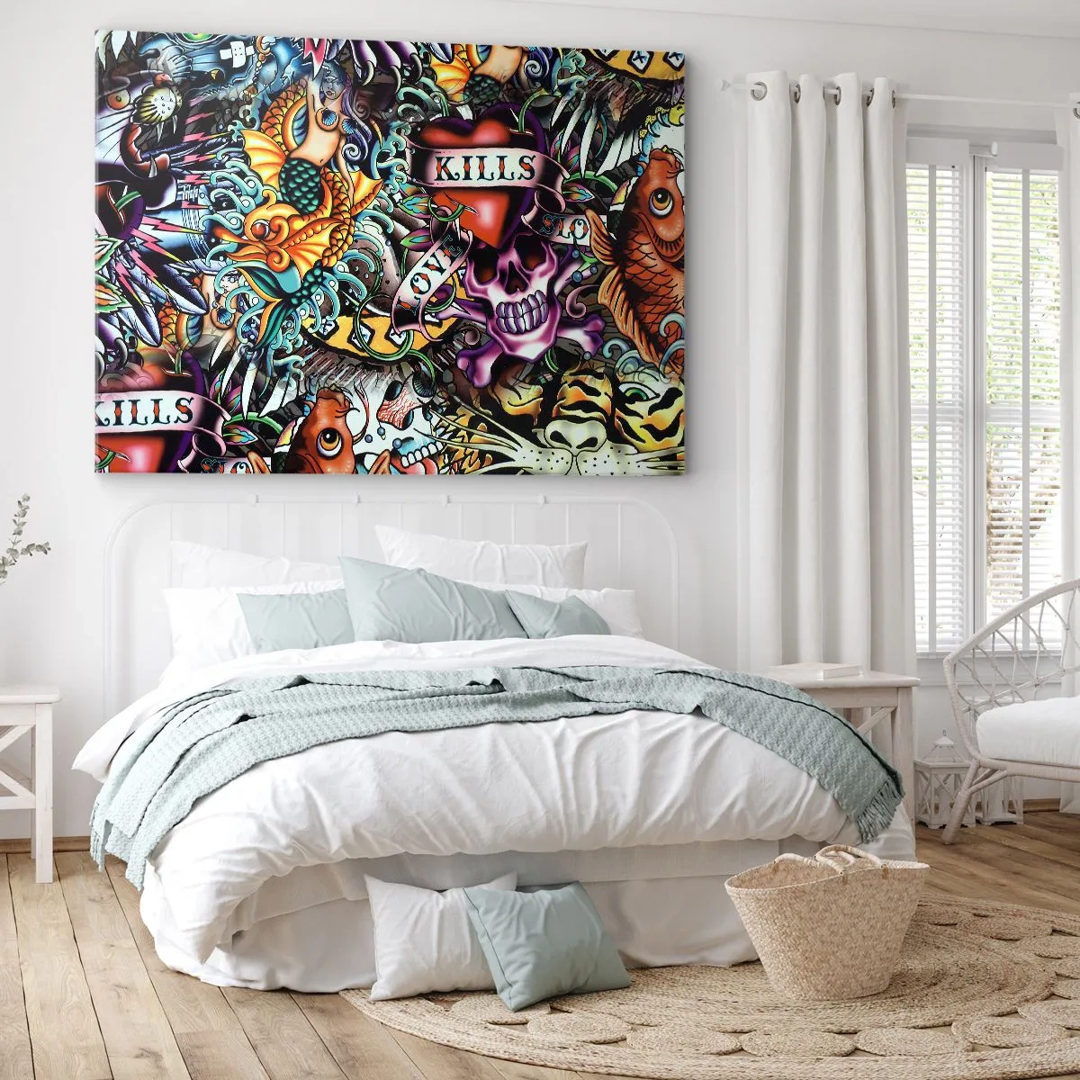 Obraz na plátne - Farebné umelecké dielo v štýle tetovania s lebkami a námornými motívmi - 70x50cm - Sen tatéra - Moderná nástenná dekorácia do obývacej izby a spálne ARTTOR