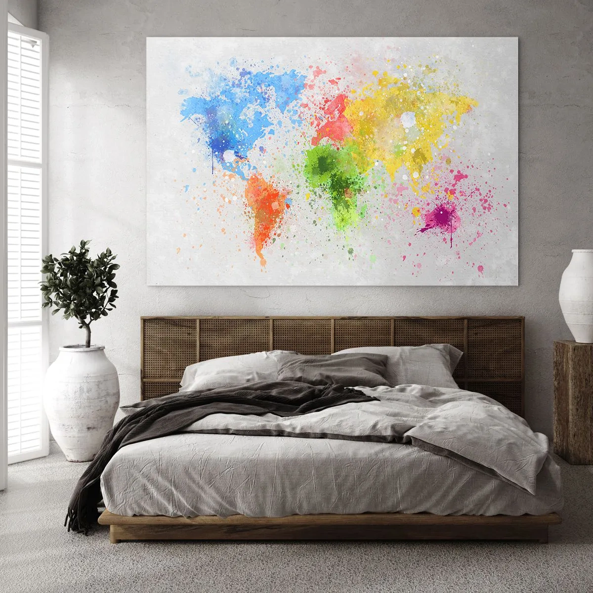 Obraz na skle - Mapa sveta v farebných škvrnách farby - 70x50cm - Všetky farby sveta - Moderná nástenná dekorácia do obývacej izby a spálne ARTTOR